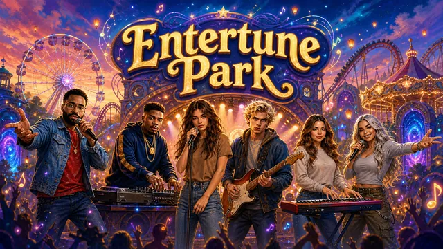 Entertune Park island and attractions at night